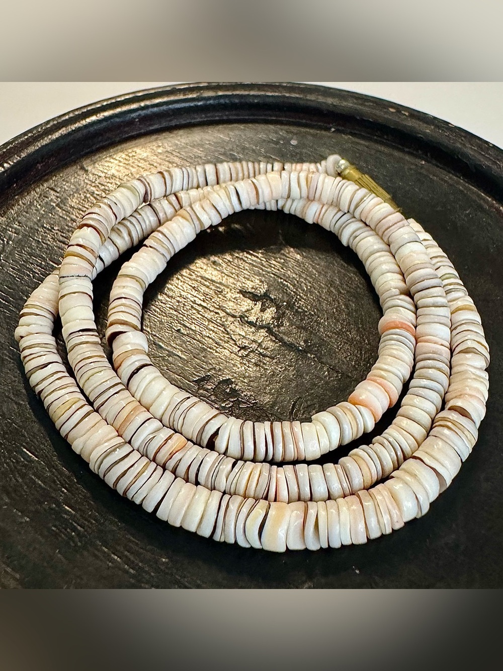 Vtg Hand-Cut Mixed Shell Heishi Necklace Boho Coastal Pink Gray Black Accents